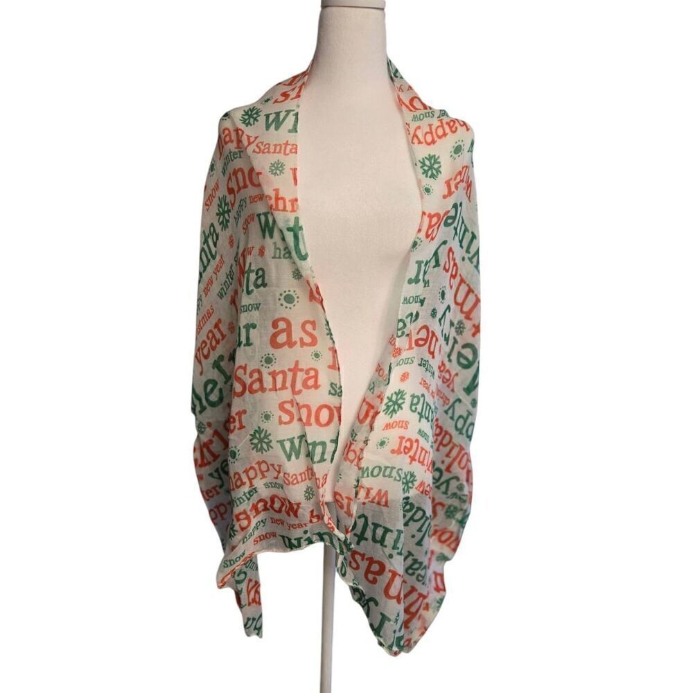 Women's One Size White/Green/Red Christmas Sheer Scarf - Picture 3 of 3